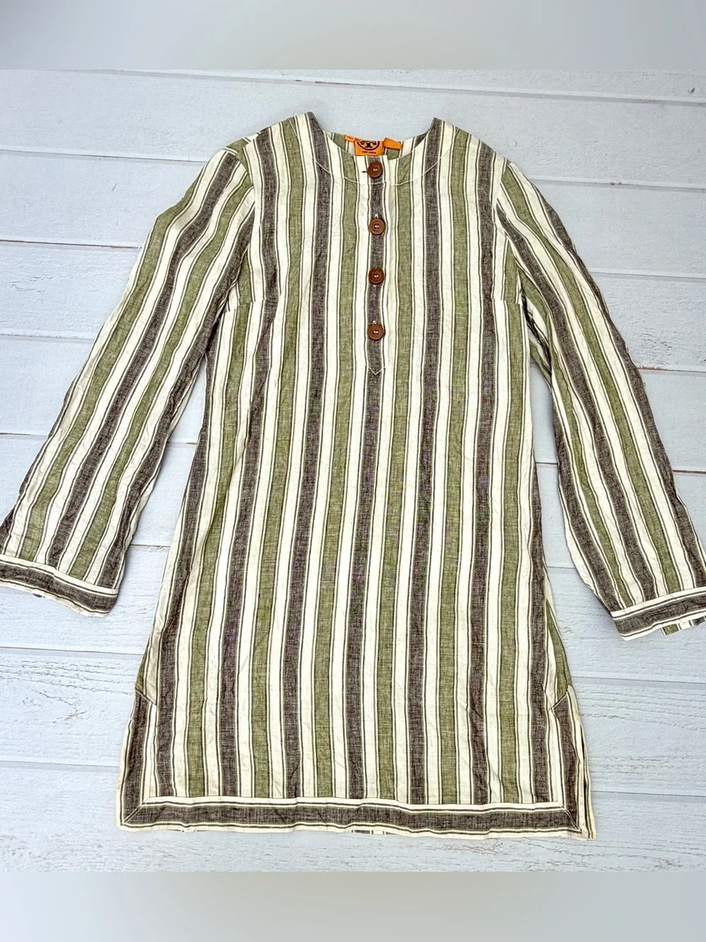 Tory Burch Linen Striped Tunic Dress Size 6 Olive Boho Pockets
